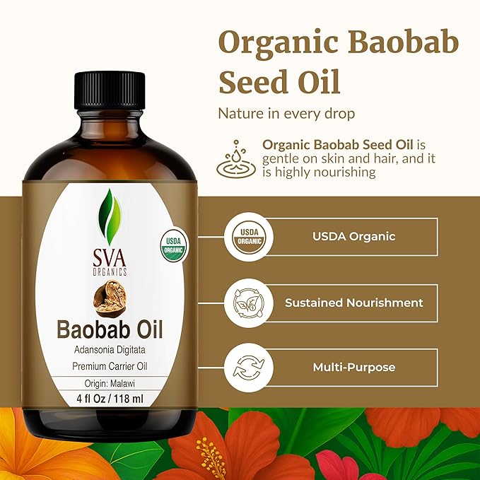 SVA Baobab Seed Oil Organic - 4 Fl Oz – 100% Natural Cold Pressed Organic Baobab Oil - for Face, Skin Care, Hair Care, Scalp Massage & Body Massage – Carrier Oil with Dropper