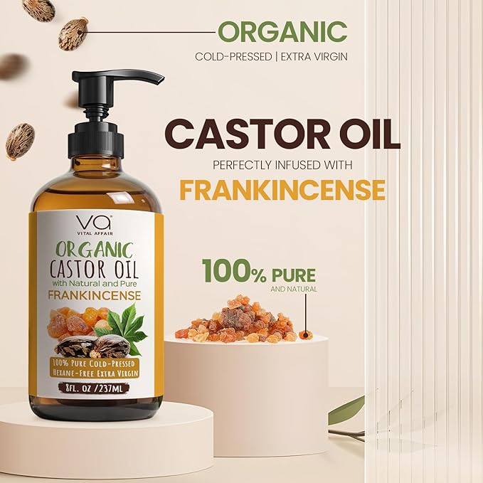 VITAL AFFAIR Organic Castor & Frankincense Oil Blend - 100% Pure and Natural, Cold Pressed, Unrefined Glass Bottle Castor and Frankincense Oil For Face & Hair Growth - 8oz
