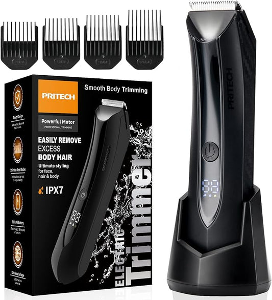 PRITECH Body Hair Trimmer for Men - Rechargeable Trimmer for Mens with Ceramic Blade, Wet & Dry Mens Ball Trimmer with Standing Recharge Dock, Cordless Groin Hair Trimmer for Men