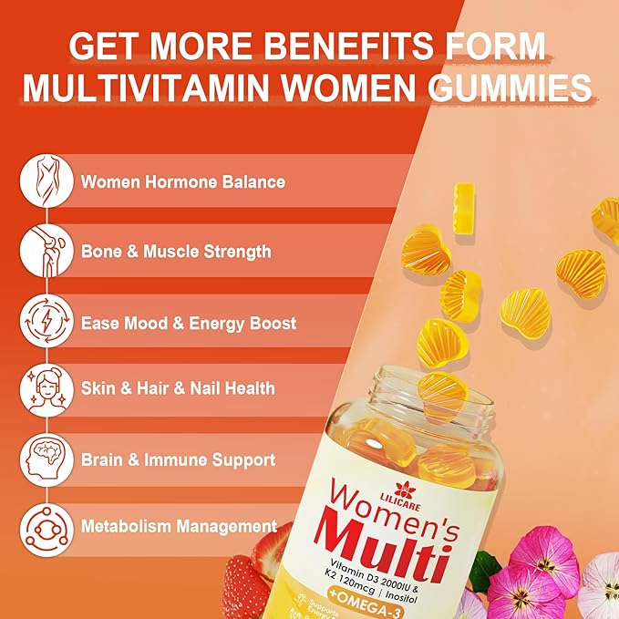 Womens Multivitamin Gummy with Omega 3（DHA/EPA), Vitamin D3 K2, Calcium, Inositol, Daily Womens Vitamin A C E B Complex, L-MethylFolate, Methyl B12,Sugar Free Methylated Multivitamins Minerals, 120Cts