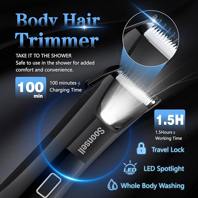 Soonsell Manscape Beard Trimmer for Men,Ball Shaver,Nose Hair Clippers,Electric Razor,Hair Clippers for Men,4 IN1 Men's Grooming Kit,LED Display,Waterproof,Wet/Dry Trimmer