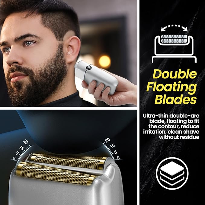 Electric Foil Shavers for Men, 3 Speed Electric Razor for Men, High Speed Dual Floating Blades, IPX7 Waterproof Wet & Dry, LED Display, USB Type C Charging, Foil Razor for Face/Beard/Head (Silver)