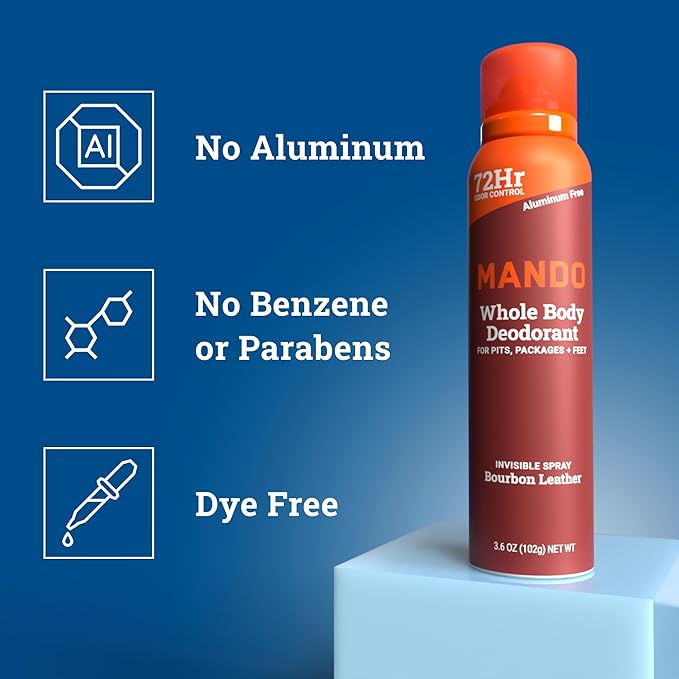 Mando Whole Body Deodorant For Men - Invisible Spray Deodorant - 72 Hour Odor Control - Low Irritation Formula - Aluminum Free, Benzene Free - 3.6 ounce Cans (Pack of 2) - Bourbon Leather