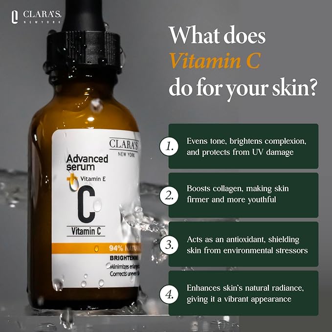 CLARA'S NEW YORK | Vitamin C Facial Serum | with Hyaluronic Acid, Ascorbic Acid, Niacinamide, Probiotics | Reduce Dark Spot, Acne, Scars |Brightening, Antioxidant, Minimize pores |30ml | Made In USA