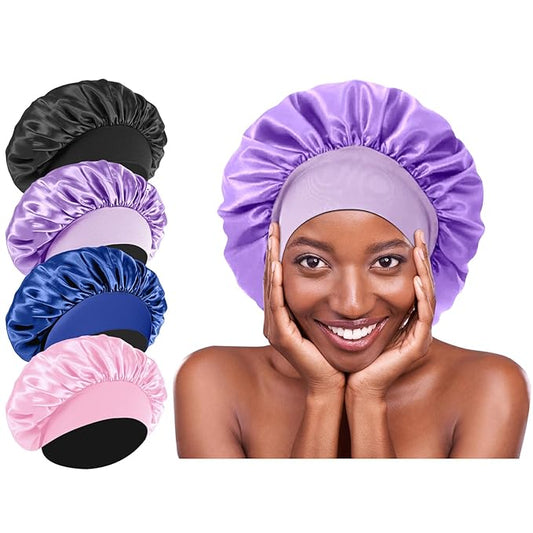 4Pcs Silk Hair Bonnets for Sleeping - Elastic Wide Band Satin Hair Wrap for Sleeping Black Women Men,Silk Bonnets for Curly Hair,Sleep Cap (Purple & Pink & Sapphire Blue & Black)
