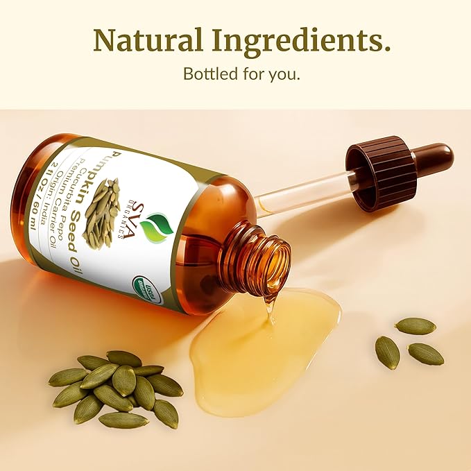 SVA Pumpkin Seed Oil Organic - 2 Fl Oz – 100% Natural Cold Pressed Pumpkin Seed Oil - for Face, Skin Care, Hair Care, Scalp Massage & Body Massage - with Dropper