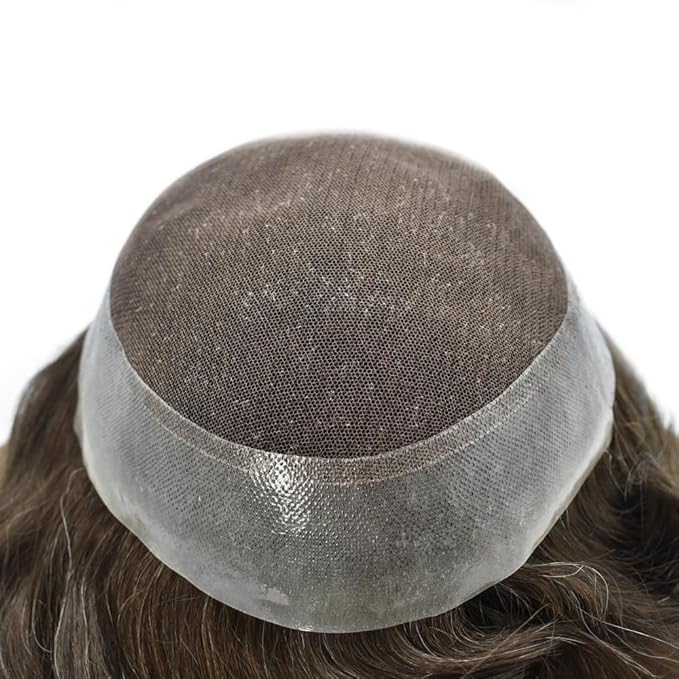 Toupee for Men French Lace Center Human Hair Replacement Systems Transparent Lace Center Hair Piece Mens Toupee Hair Units for Man V-Looped Front Male Hair Prosthesis 6"X9" 3# DARK BROWN