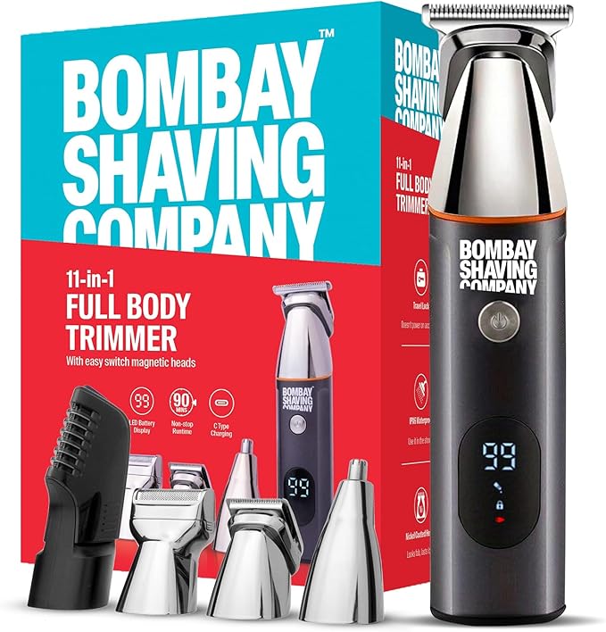 Bombay Shaving Company All-in-One Beard, Body, Nose Trimmer | 11- Piece Men’s Grooming Kit for Beard, Body, Nose Trimmer and Hair Clipper for Wet/Dry Shave | Quick Charge Time | IPX6 Water Proof