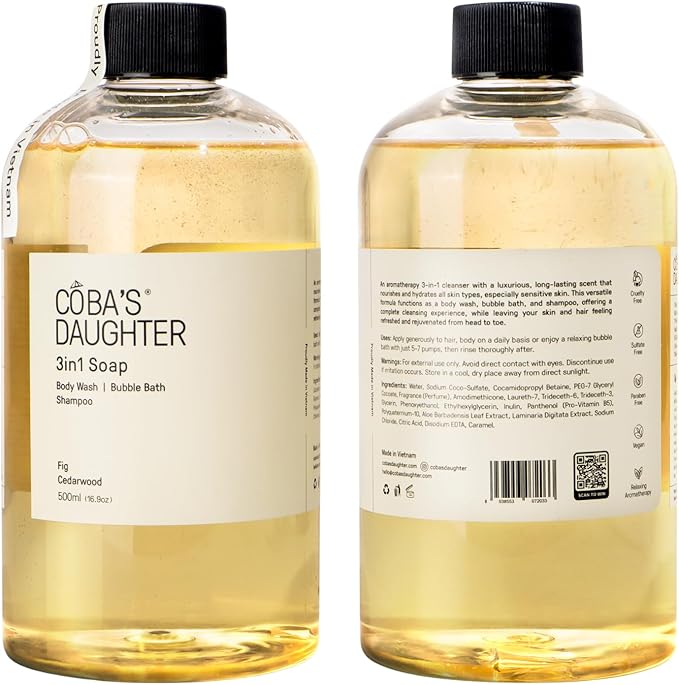 COBA'S DAUGHTER | 3in1 Bubble Bath, Body Wash & Hand Wash for Men and Women | Nourishing Fig & Cedarwood Scent Liquid Soap with Inulin & Seaweed Extract | Cleanses, Softens & Conditions Skin (16.9oz)