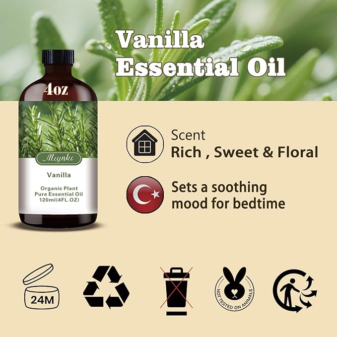 Vanilla Fragrance Oil-Vanilla Essential Oil 4.33oz (130ml)-100% Pure Natural Scent for Diffusers, Candles, Soap Making & Aromatherapy-Relaxing Home & Gift Essential Oil for Bath, Massage