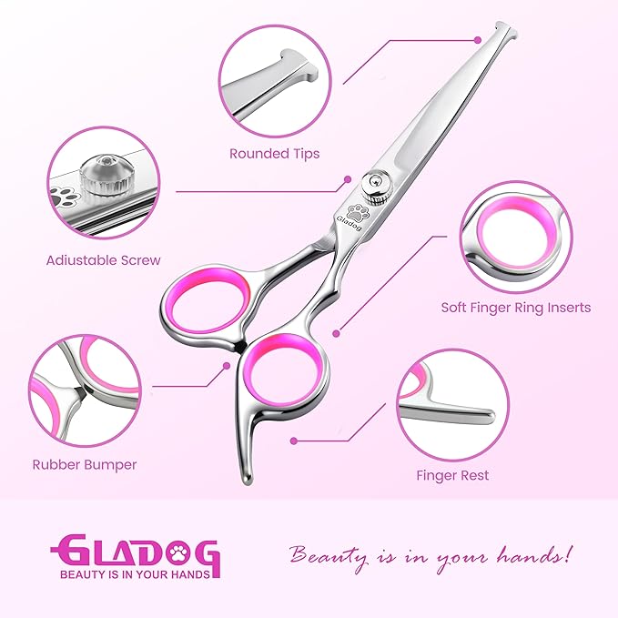 GLADOG Professional 5 in 1 Dog Grooming Scissors Set with Safety Round Tips, Sharp and Heavy-duty Pet Grooming Shears for Cats (Red)