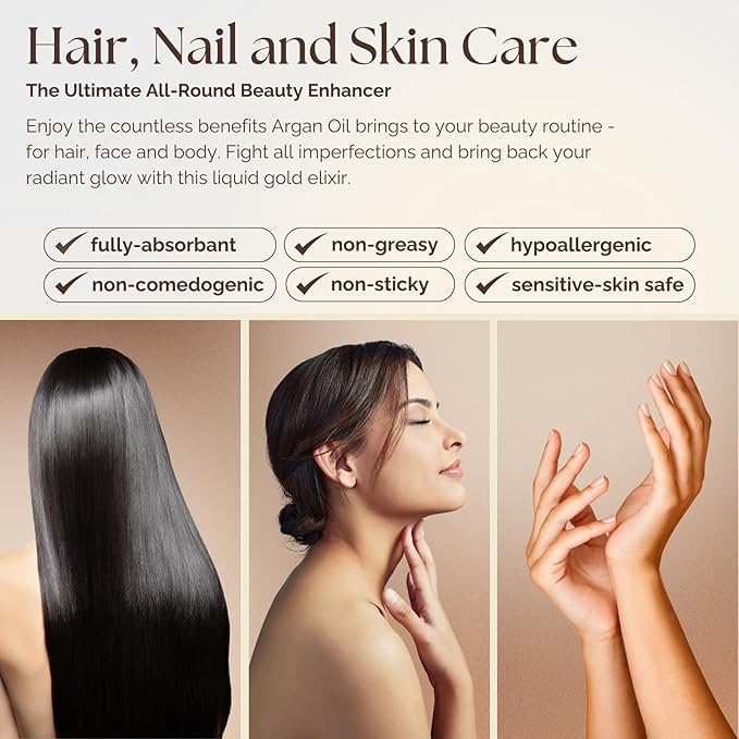 Essence Of Argan Moroccan Argan Oil for Hair, Skin & Nails - Natural Eco-Certified Cold Pressed Oil for Skin Moisturization - Non-Greasy Formula for Hair and Nail Growth - 1.7 Oz /50ml