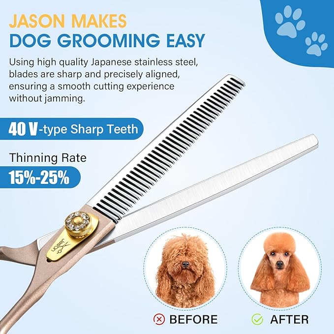 JASON Professional Dog Grooming Scissors - 7 Inch Thinning Shear Japanese 440C Stainless Steel Diamond Screw with 40 Teeth Dog Blender Scissors Christmas Gift