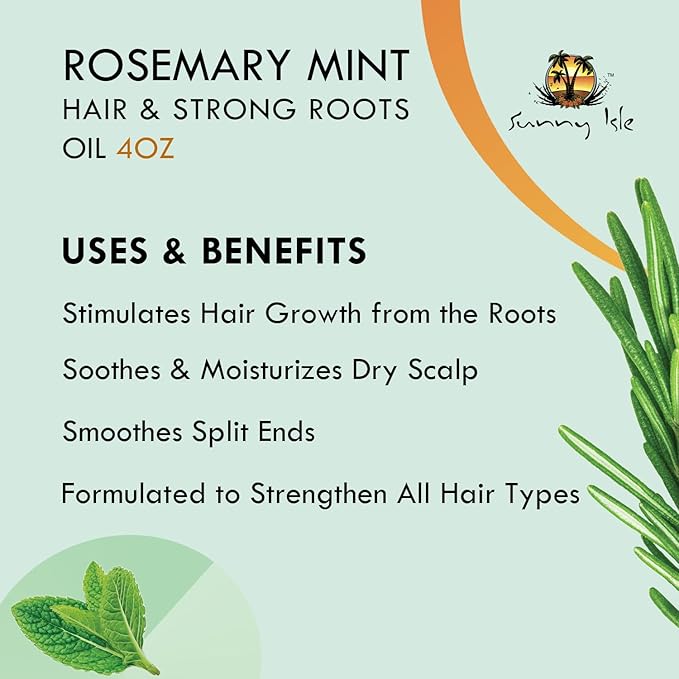 Sunny Isle Rosemary Mint Hair and Strong Roots Oil 4oz | Infused with Biotin & Jamaican Black Castor Oil | Strengthen and Nourish Hair Follicles | Dry Scalp, Split Ends