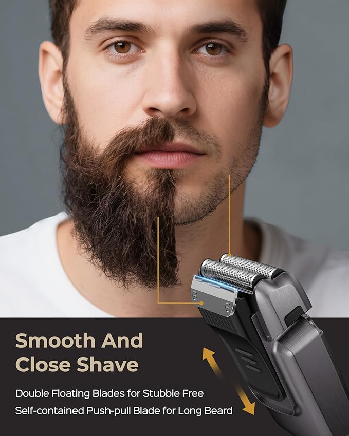 Foil Shaver for Men, Electric Razor for Men Face Beard, Waterproof Cordless Electric Razor for Travel, 4-Speed Setting, USB-C Rechargeable, LED Battery Display, Barber or Home Use (Gray)