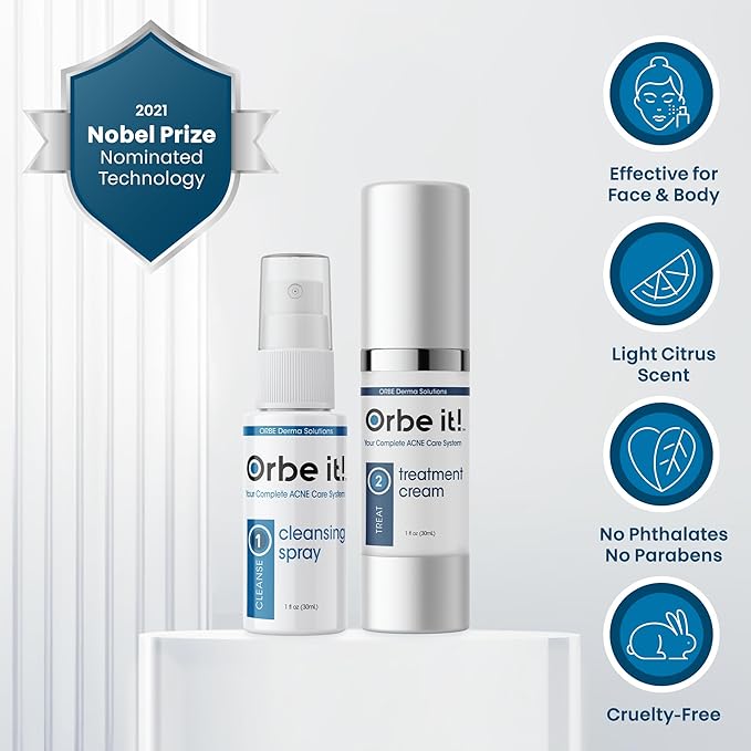 ORBE Derma Solutions Orbe It! 2-Step Acne Treatment – Clears, Treats & Prevents Acne & Helps Unclog Pores with 2% Salicylic Acid – Includes Cleansing Spray 1 oz & Treatment Cream 1 oz