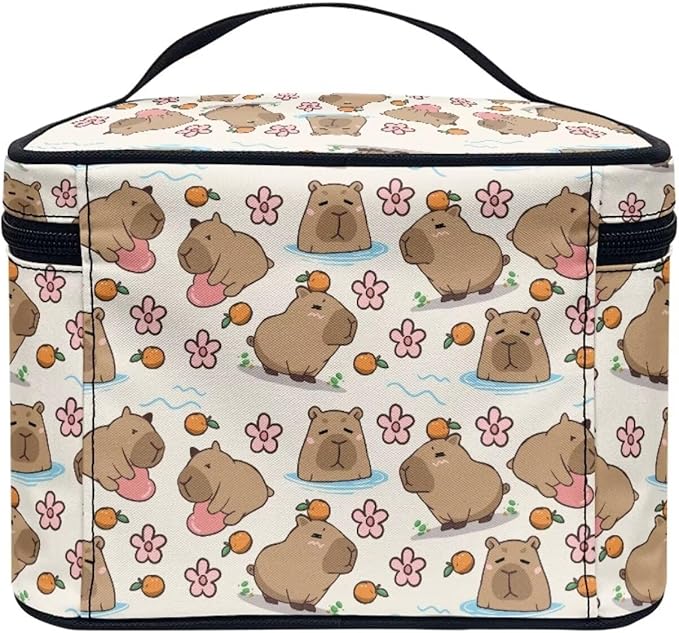JoyLamoria Lightweight Cosmetic Case Travel Makeup Bag Cosmetic Pouch Tote Purse Cosmetic Bag with Floral Hippo Print
