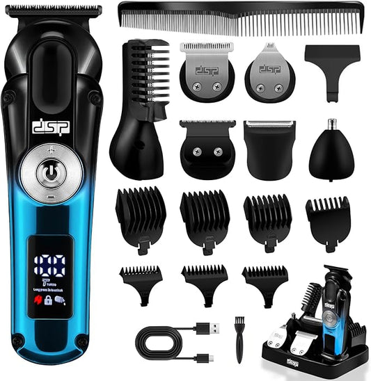 DSP Men's Grooming Kit, Beard Trimmer for Men, Nose Trimmer, Body Trimmer, Foil Shaver, T-Blade, Mustache, Cordless Hair Trimmer, IPX6 Waterproof,2 Speeds Adjustable, Gift for Men (Blue)