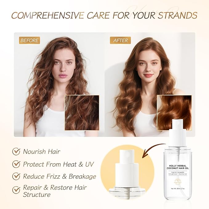 HOLLY HERBAL Coconut Oil Hair Mist - Weightless Leave-In Treatment with 6 Plant Extracts - Frizz-Free, Moisturizing & Shine, Paraben & Sulfate-Free (2.7 Fl Oz)