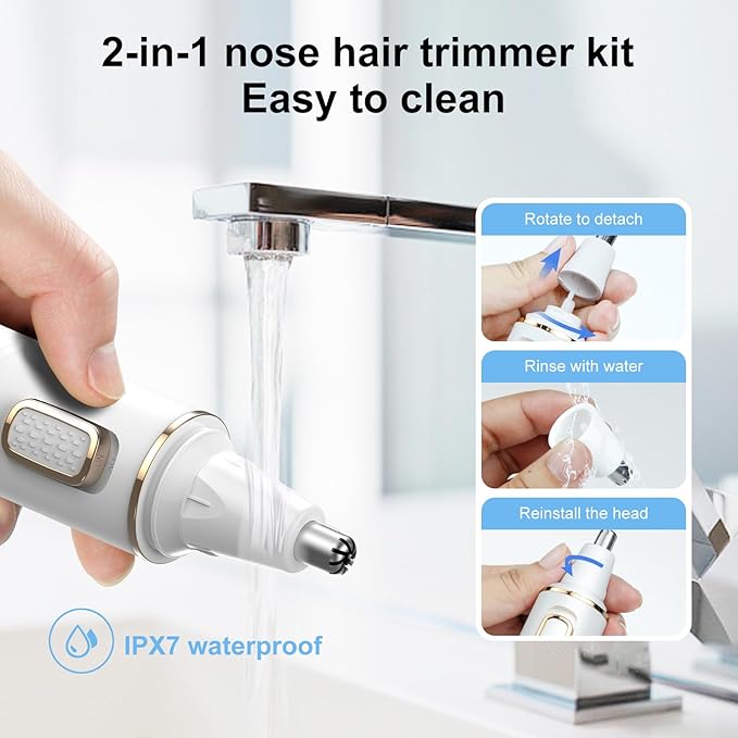 Nose Hair Trimmers for Women Men，Rechargeable Hair Trimmer 2 in 1 Painless Multifunctional Ear and Nose Hair Trimmer with IPX7 Waterproof Dual Edge Blades (White)