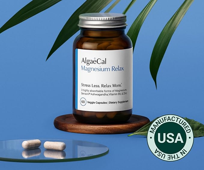 AlgaeCal Magnesium Relax™ - Chelated Magnesium with Ashwagandha for Sleep & Occasional Anxiety - Glycinate, Malate, Citrate - Sleep, Mood, & Cortisol Support (60 Caps - 1 Month Supply)