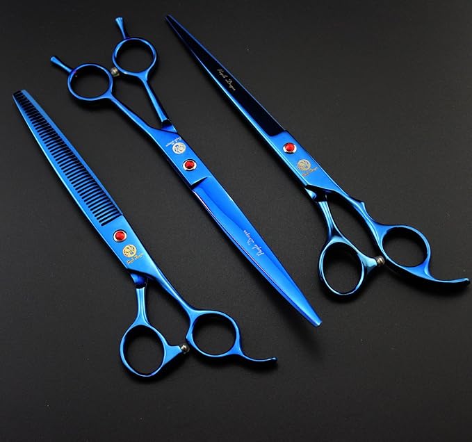 Purple Dragon 8 inch 3 in 1 Professional Pet Grooming Thinning Scissors - Upward Curved Shears and Dog Hair Cutting Scissor - Perfect for Pet Groomer or Family DIY Use (Blue)