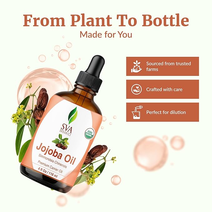 SVA Jojoba Seed Oil Organic - 4 Fl Oz – 100% Natural Cold Pressed Organic Jojoba Oil - for Face, Skin Care, Hair Care, Scalp Massage & Body Massage – Carrier Oil with Dropper