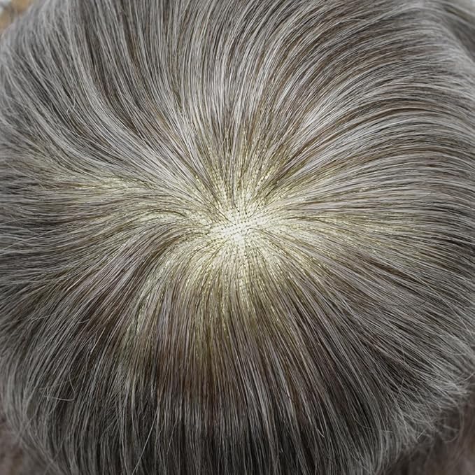 Mens Toupee Human Hair Piece French Lace Toupee for Man Hair System Indian Human Hair Replacement Systems V-Looped PU Front Hairpieces 6"X9" #260 Darkest Brown with 60% Gray