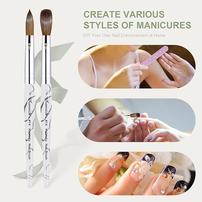Acrylic Nail Brush Size 14,KEMEISI 100% Pure Kolinsky Nail Art Brushes Sturdy Marble Handle Oval Shaped Acrylic Powder Nail Design Tools for Professional Manicure DIY Home Salon (White)