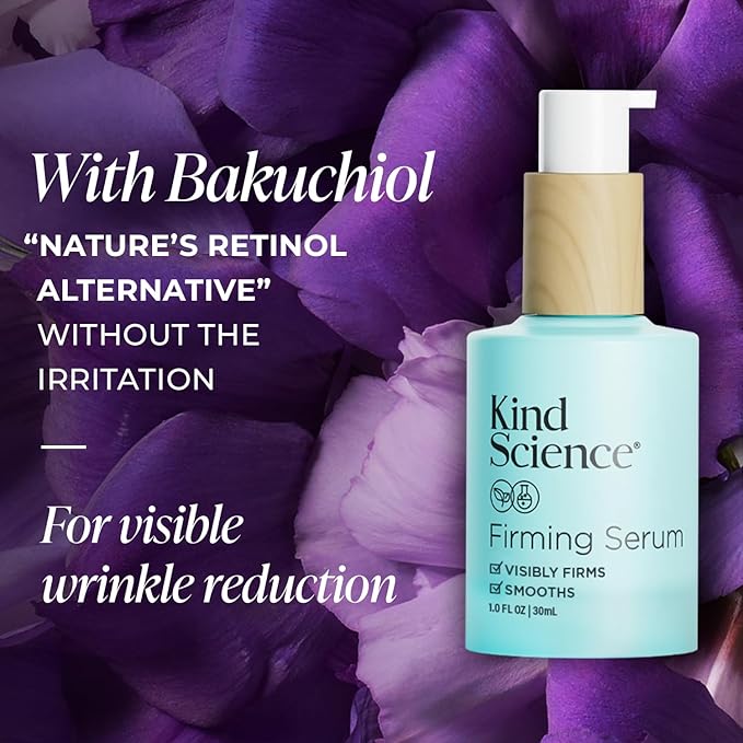 Kind Science Firming Face Serum for Women - Hyaluronic Acid Serum for Face Visibly Smooths Wrinkles - Bakuchiol Retinol Alternative with Peptides - Anti Aging Skin Care for Sensitive Skin, 1 fl oz