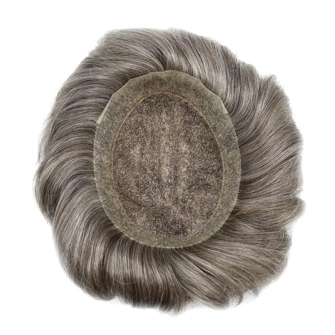 FACE MIRACLE Mens Toupee Lace Front Hairpieces Soft Human Hair Replacement System Natural Hairline Toupee for Men French Lace Poly V-Looped Mens hair Units 6"X8" #450 Medium Brown with 50% Gray