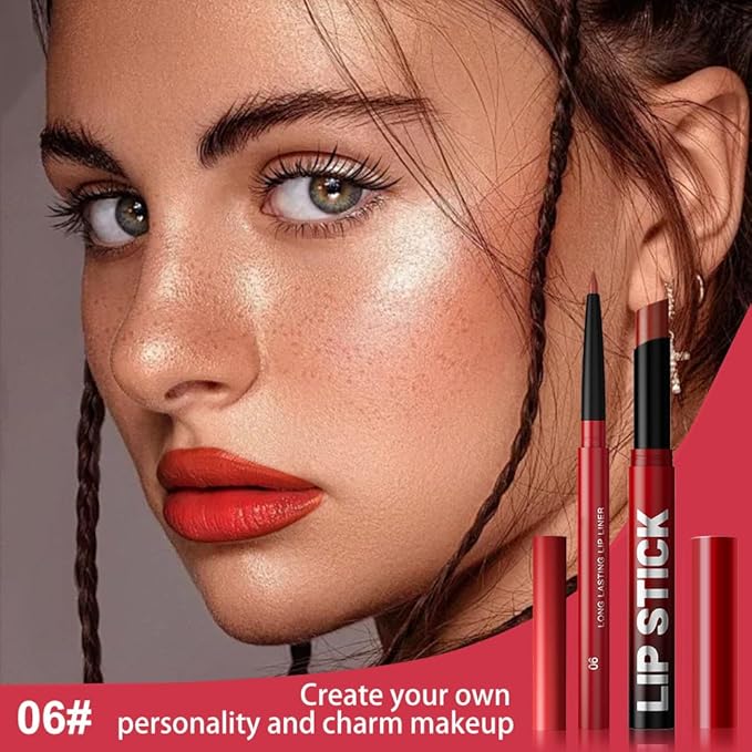 AMY'S DIARY 2Pcs Ruby Red Lipstick and Lip Liner Combo, Lip Liner and Lip Stick Kit for Women, Matte Lip Pencil and Smooth Hydrating Lipstick, Non-Stick Lip Makeup Set (06#)
