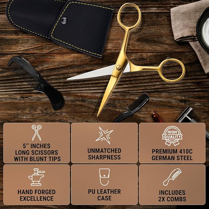 Ontaki Brass Grooming Kit - 5 in, Golden Brass - Beard Trimming Scissors, Mustache Comb & Beard Comb, Carrying Pouch