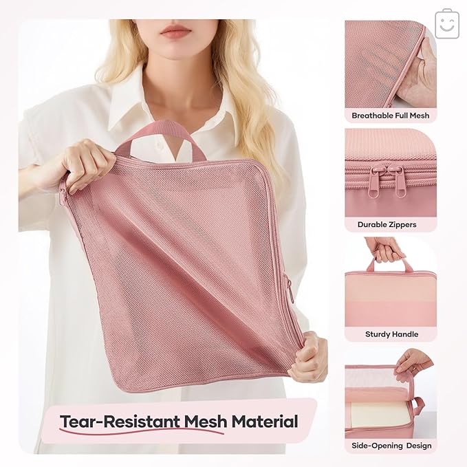 Veken 11 Set Compression Packing Cubes for Travel Essentials,Compressible Expandable Large Luggage Suitcase Organizer Bags for Clothing,Durable Space Saver Storage Bags with Toiletry Bags(Pink)