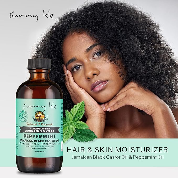 Sunny Isle Jamaican Black Castor Oil with Peppermint 4oz | Promotes Longer, Thicker, Hair | Soothes Dry Itchy Scalp | Moisturizes Skin & Helps with Eczema, Psoriasis and Muscle Aches