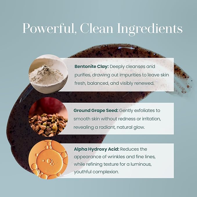 Hylunia Skincare Grape Seed Facial Scrub – Gentle Exfoliating Face Scrub with Ground Grape Seed, Bentonite Clay, and Alpha Hydroxy Acid for smooth, glowing skin and refined pores, 5.1oz