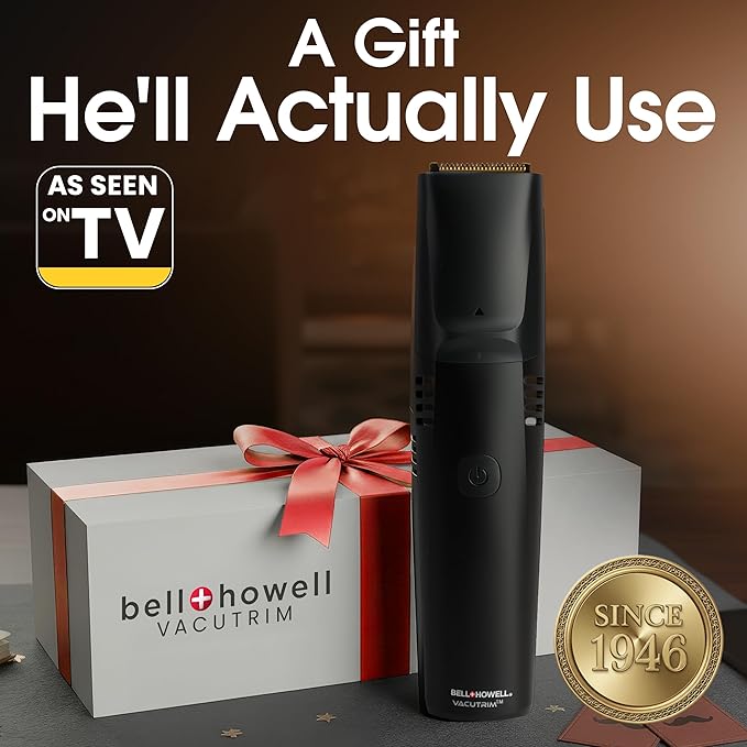 Bell+Howell Vacutrim Cordless Beard Trimmer – Rechargeable Electric Shaver with Built-in Vacuum, 20 Trim Settings, LED Indicator – for Mustache, Sideburns, Facial Hair – Deluxe, 7.5" As Seen On TV