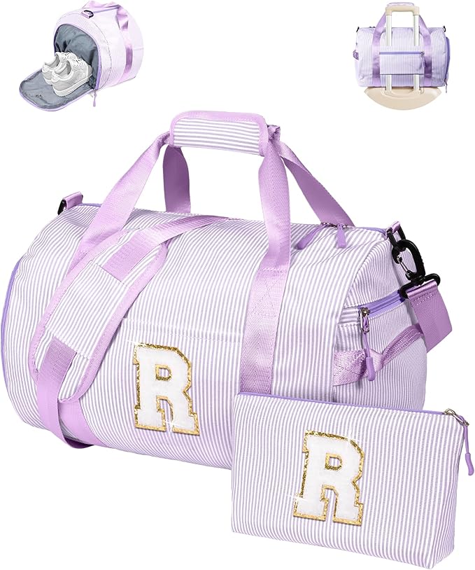 Gifts for Teenage Girl, Girls Travel Duffle Bag, Kids Initial Overnight Duffel Bags with Shoe Compartment, Personalized Dance Bag with Cosmetic Pouch, Holiday Gift for Grandkids (Letter R)