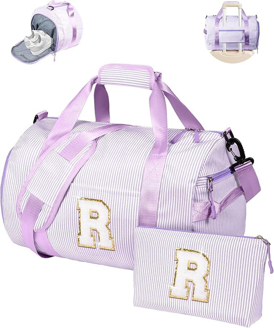 Gifts for Teenage Girl, Girls Travel Duffle Bag, Kids Initial Overnight Duffel Bags with Shoe Compartment, Personalized Dance Bag with Cosmetic Pouch, Holiday Gift for Grandkids (Letter R)