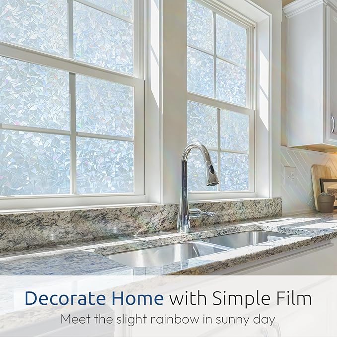 rabbitgoo Window Privacy Film Rainbow Film Decorative Window Sticker, 3D Static Stained Glass Cling Tint for Home Heat Control Non-Adhesive, Grayish Silver, 23.6 x 157.4 inches