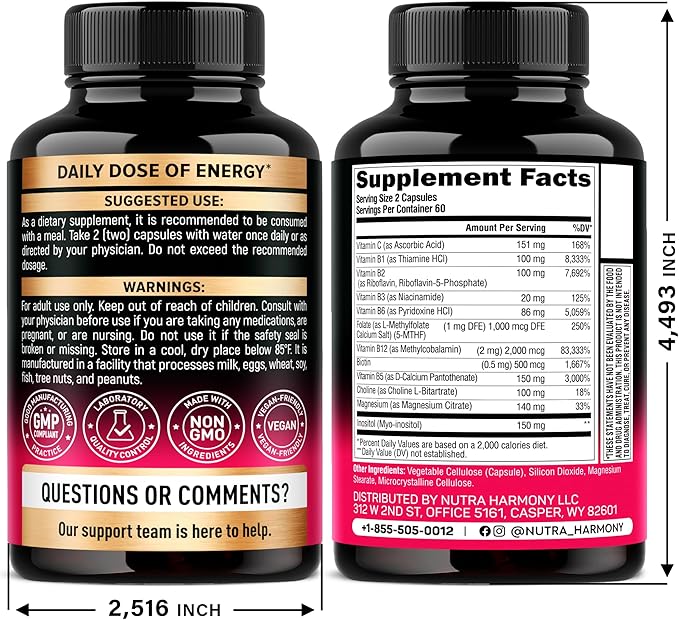 Vitamin B Complex for Men & Women - Made in USA - B-Complex: B1, B2, B3, B5, B6, B7, B8, B9, B12 with Vitamin C, Choline, Inositol - Energy, Brain & Heart Support Supplement, 120 Vegan Capsules