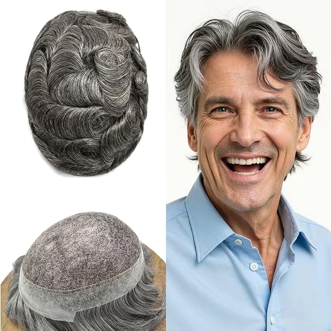 FACE MIRACLE Mens Toupee Lace Front Hairpieces Soft Human Hair Replacement System Natural Hairline Toupee for Men French Lace Poly V-Looped Mens hair Units 6"X8" #1B60 Off Black with 60% Gray