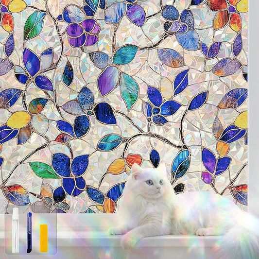 Stained Glass Window Privacy Film Decorative Rainbow Static Clings – Ideal for Home & Office, Adhesive-Free, Removable, UV-Blocking (Purple Rainbow, 35.4 X 78.7 in)