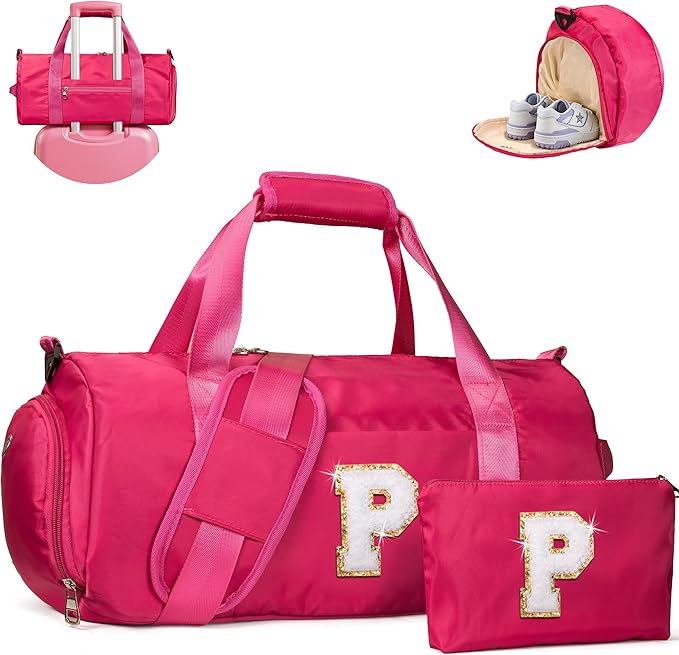 Trendy Stuff for Tweens, Girls Travel Duffel Bag, Kids Initial Overnight Bags with Shoe Compartment, Customized Sport Gym Weekender Bag with Makeup Pouch, Birthday Gift for Teens (Letter P)