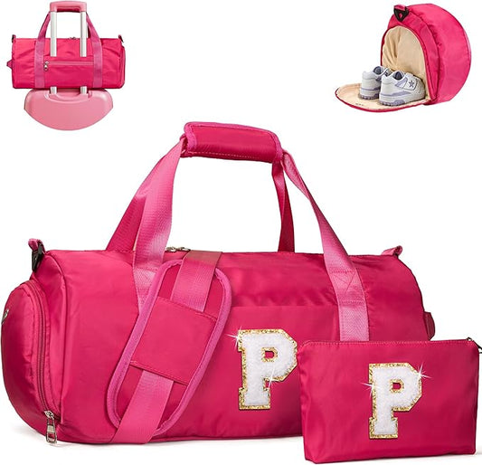Trendy Stuff for Tweens, Girls Travel Duffel Bag, Kids Initial Overnight Bags with Shoe Compartment, Customized Sport Gym Weekender Bag with Makeup Pouch, Birthday Gift for Teens (Letter P)
