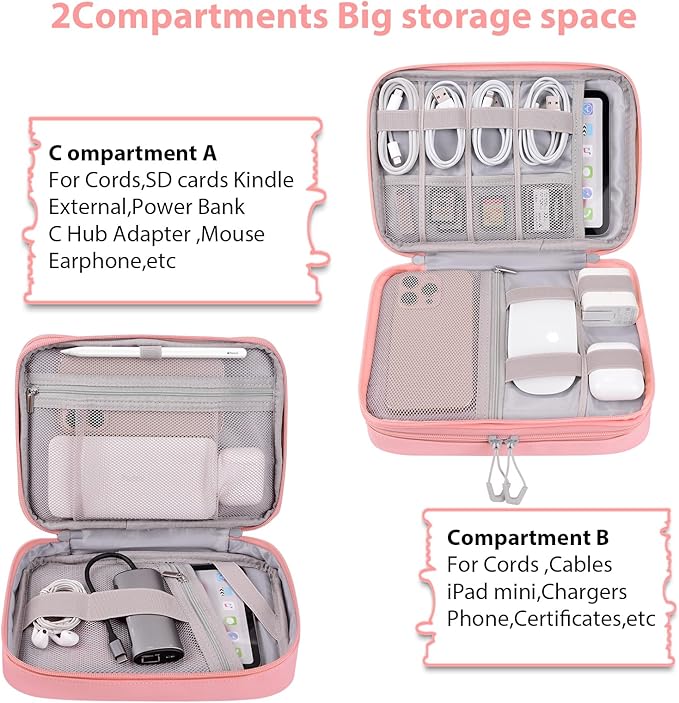 DDgro Electornics Travel Organizer Case for Cable/Cords/Charger/Tech Accessories, Large Pouch Bag for Woman (Pink, PU-Large)