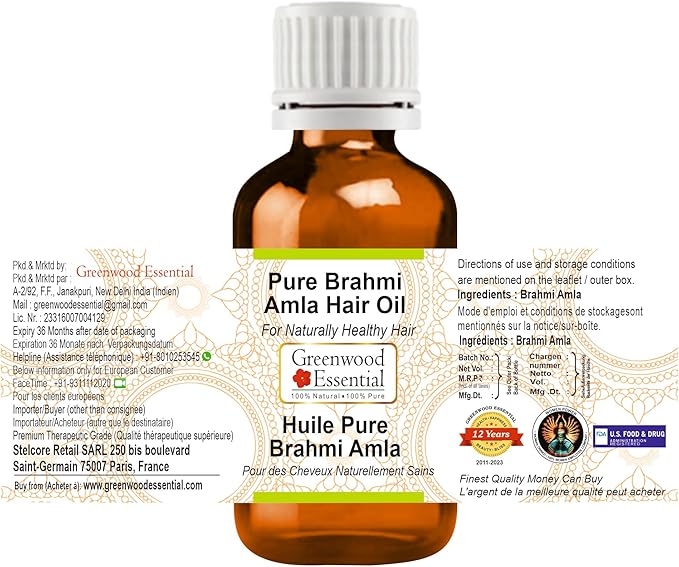 Greenwood Essential Pure Brahmi Amla Hair Oil Natural Therapeutic Grade 50ml (1.69 oz)