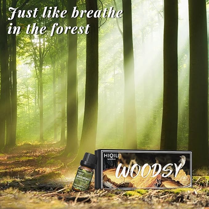 HIQILI Woodsy Fragrance Oil Set for Aromatherapy, Essential Oil Diffuser, Ideal for DIY Candles & Perfume Making, Massage Oil - Cedarwood, Frankincense, Vetiver, Rosewood, Cypress - 6x10ml