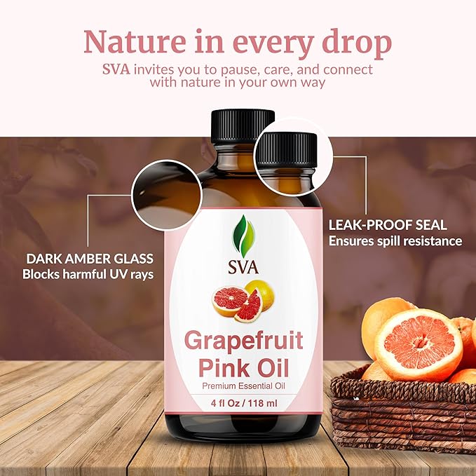SVA Grapefruit Essential Oil Pink – 4 Fl Oz – 100% Natural Grapefruit Oil - for Diffuser, Hair Care, Face, Skin Care, Aromatherapy, Scalp and Body Massage, Soap and Candle Making - with Dropper