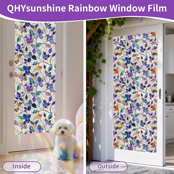Stained Glass Window Privacy FilmDecorative Rainbow Static Clings -ldeal for Home &Office,Adhesive-Free,Removable, Uv-Blocking (Purple Rainbow, 35.4 X 157.4 in)